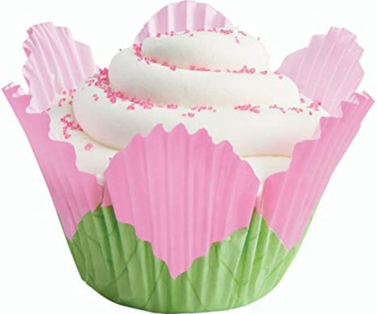 Pirotines para Cupcakes forma de Flor - Rosa c/verde